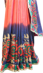 SMSAREE Red& Blue Designer Wedding Partywear Satin (Silk) Thread Beads & Zari Hand Embroidery Work Bridal Saree Sari With Blouse Piece F223