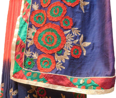 SMSAREE Red& Blue Designer Wedding Partywear Satin (Silk) Thread Beads & Zari Hand Embroidery Work Bridal Saree Sari With Blouse Piece F223