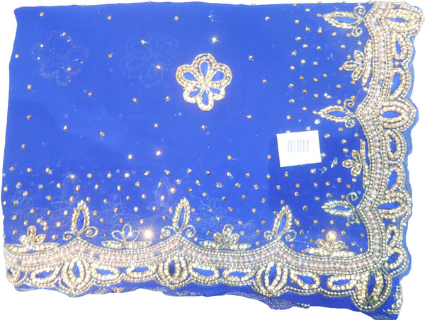 SMSAREE Blue Designer Wedding Partywear Georgette Cutdana Stone Beads Thread & Bullion Hand Embroidery Work Bridal Saree Sari With Blouse Piece F224