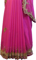 SMSAREE Pink Designer Wedding Partywear Georgette Cutdana Stone Beads Thread & Bullion Hand Embroidery Work Bridal Saree Sari With Blouse Piece F225