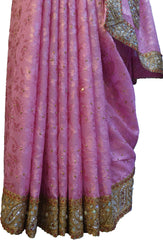 SMSAREE Pink Designer Wedding Partywear Brasso Stone Zari & Beads Hand Embroidery Work Bridal Saree Sari With Blouse Piece F227