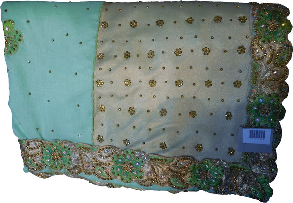 SMSAREE Green Designer Wedding Partywear Crepe (Rangoli) Stone Thread & Zari Hand Embroidery Work Bridal Saree Sari With Blouse Piece F228