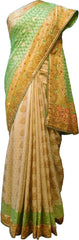 SMSAREE Green & Cream Designer Wedding Partywear Brasso & Georgette Stone Thread & Zari Hand Embroidery Work Bridal Saree Sari With Blouse Piece F230