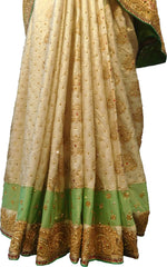 SMSAREE Green & Cream Designer Wedding Partywear Brasso & Georgette Stone Thread & Zari Hand Embroidery Work Bridal Saree Sari With Blouse Piece F230