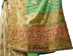 SMSAREE Green & Cream Designer Wedding Partywear Brasso & Georgette Stone Thread & Zari Hand Embroidery Work Bridal Saree Sari With Blouse Piece F230