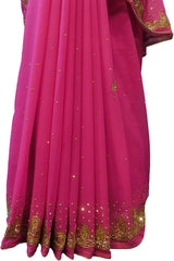 SMSAREE Pink Designer Wedding Partywear Georgette Stone Bullion & Beads Hand Embroidery Work Bridal Saree Sari With Blouse Piece F233