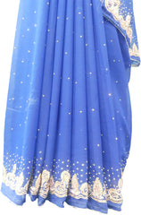 SMSAREE Blue Designer Wedding Partywear Georgette Stone Bullion & Beads Hand Embroidery Work Bridal Saree Sari With Blouse Piece F234