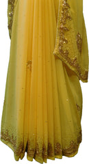 SMSAREE Yellow Designer Wedding Partywear Georgette Stone Bullion & Beads Hand Embroidery Work Bridal Saree Sari With Blouse Piece F235