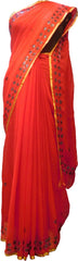 SMSAREE Red Designer Wedding Partywear Chiffon Thread & Mirror Hand Embroidery Work Bridal Saree Sari With Blouse Piece F237