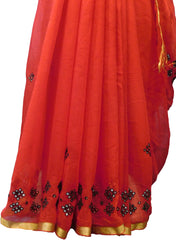 SMSAREE Red Designer Wedding Partywear Chiffon Thread & Mirror Hand Embroidery Work Bridal Saree Sari With Blouse Piece F237