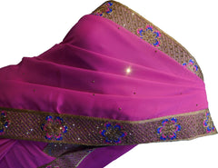 SMSAREE Pink & Golden Designer Wedding Partywear Georgette Stone Thread & Zari Hand Embroidery Work Bridal Saree Sari With Blouse Piece F238