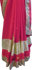 SMSAREE Red & Golden Designer Wedding Partywear Georgette Stone & Zari Hand Embroidery Work Bridal Saree Sari With Blouse Piece F239