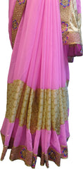 SMSAREE Pink & Golden Designer Wedding Partywear Georgette Stone Thread & Zari Hand Embroidery Work Bridal Saree Sari With Blouse Piece F240