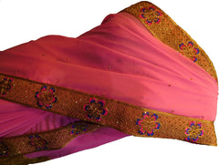 SMSAREE Pink & Golden Designer Wedding Partywear Georgette Stone Thread & Zari Hand Embroidery Work Bridal Saree Sari With Blouse Piece F240