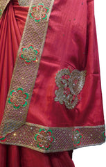 SMSAREE Pink Designer Wedding Partywear Silk Stone Thread & Zari Hand Embroidery Work Bridal Saree Sari With Blouse Piece F244