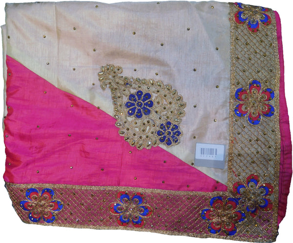 SMSAREE Pink & Cream Designer Wedding Partywear Silk Stone Thread & Zari Hand Embroidery Work Bridal Saree Sari With Blouse Piece F246