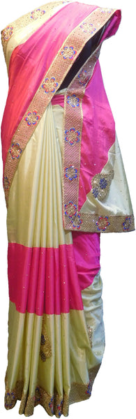 SMSAREE Pink & Cream Designer Wedding Partywear Silk Stone Thread & Zari Hand Embroidery Work Bridal Saree Sari With Blouse Piece F246