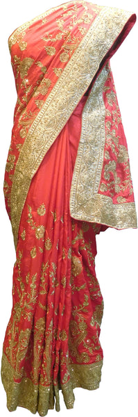 SMSAREE Red Designer Wedding Partywear Silk Stone Cutdana & Zari Hand Embroidery Work Bridal Saree Sari With Blouse Piece F247