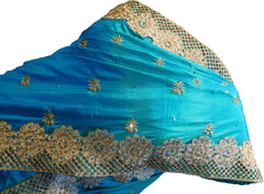SMSAREE Blue Designer Wedding Partywear Silk Stone Thread & Zari Hand Embroidery Work Bridal Saree Sari With Blouse Piece F250