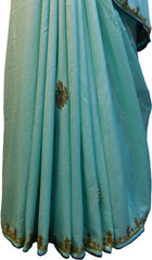 SMSAREE Blue Designer Wedding Partywear Satin (Silk) Stone Thread & Cutdana Hand Embroidery Work Bridal Saree Sari With Blouse Piece F251