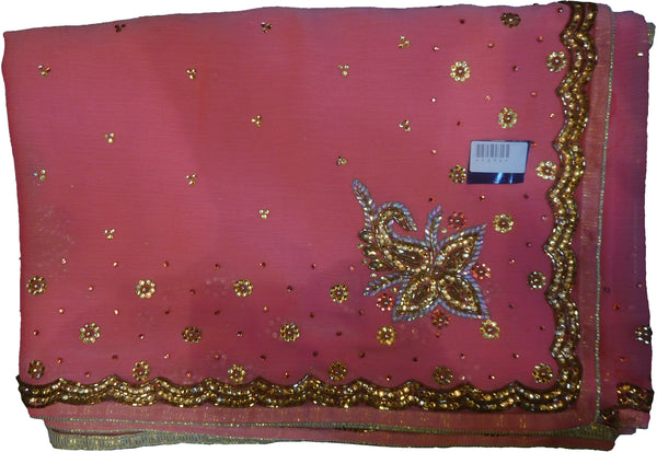 SMSAREE Pink Designer Wedding Partywear Georgette Stone Thread & Cutdana Hand Embroidery Work Bridal Saree Sari With Blouse Piece F254