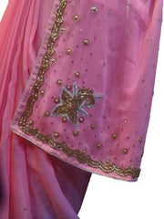 SMSAREE Pink Designer Wedding Partywear Georgette Stone Thread & Cutdana Hand Embroidery Work Bridal Saree Sari With Blouse Piece F254
