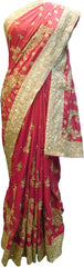 SMSAREE Red Designer Wedding Partywear Silk Stone Cutdana & Zari Hand Embroidery Work Bridal Saree Sari With Blouse Piece F257