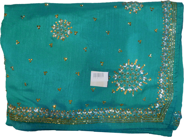 SMSAREE Turquoise Designer Wedding Partywear Silk (Vichitra) Stone Beads & Cutdana Hand Embroidery Work Bridal Saree Sari With Blouse Piece F258