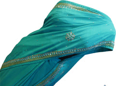 SMSAREE Turquoise Designer Wedding Partywear Silk (Vichitra) Stone Beads & Cutdana Hand Embroidery Work Bridal Saree Sari With Blouse Piece F258