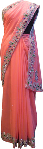 SMSAREE Peach Designer Wedding Partywear Georgette Stone Thread & Cutdana Hand Embroidery Work Bridal Saree Sari With Blouse Piece F259