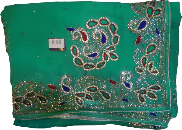 SMSAREE Turquoise Designer Wedding Partywear Georgette Stone Thread & Cutdana Hand Embroidery Work Bridal Saree Sari With Blouse Piece F261