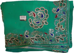 SMSAREE Turquoise Designer Wedding Partywear Georgette Stone Thread & Cutdana Hand Embroidery Work Bridal Saree Sari With Blouse Piece F261
