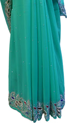 SMSAREE Turquoise Designer Wedding Partywear Georgette Stone Thread & Cutdana Hand Embroidery Work Bridal Saree Sari With Blouse Piece F261