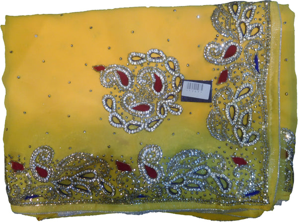 SMSAREE Yellow Designer Wedding Partywear Georgette Stone Thread & Cutdana Hand Embroidery Work Bridal Saree Sari With Blouse Piece F263
