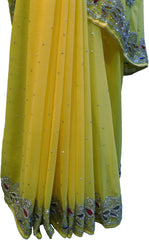 SMSAREE Yellow Designer Wedding Partywear Georgette Stone Thread & Cutdana Hand Embroidery Work Bridal Saree Sari With Blouse Piece F263