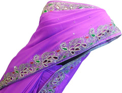 SMSAREE Purple Designer Wedding Partywear Georgette Stone Thread & Cutdana Hand Embroidery Work Bridal Saree Sari With Blouse Piece F265