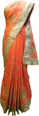 SMSAREE Orange Designer Wedding Partywear Silk Stone Cutdana & Zari Hand Embroidery Work Bridal Saree Sari With Blouse Piece F267
