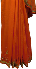SMSAREE Orange Designer Wedding Partywear Silk (Vichitra) Stone Thread Zari & Cutdana Hand Embroidery Work Bridal Saree Sari With Blouse Piece F268