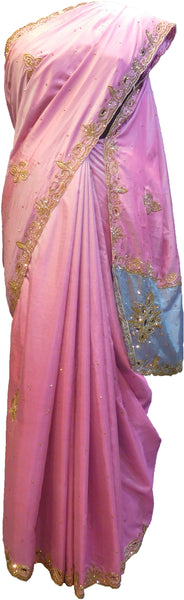 SMSAREE Pink & Blue Designer Wedding Partywear Silk Stone & Zari Hand Embroidery Work Bridal Saree Sari With Blouse Piece F269