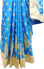 SMSAREE Blue Designer Wedding Partywear Silk Stone Cutdana & Zari Hand Embroidery Work Bridal Saree Sari With Blouse Piece F272