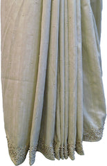 SMSAREE Beige Designer Wedding Partywear Silk (Vichitra) Stone & Beads Hand Embroidery Work Bridal Saree Sari With Blouse Piece F274
