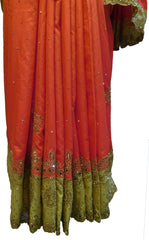SMSAREE Orange & Golden Designer Wedding Partywear Silk Stone & Zari Hand Embroidery Work Bridal Saree Sari With Blouse Piece F277