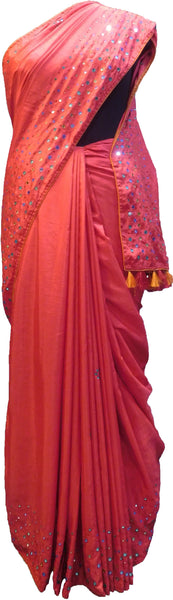 SMSAREE Red Designer Wedding Partywear Silk Thread & Mirror Hand Embroidery Work Bridal Saree Sari With Blouse Piece F278