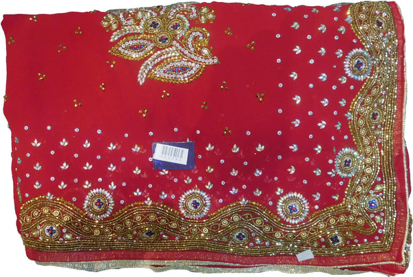 SMSAREE Red Designer Wedding Partywear Georgette Stone Thread Zari Beads & Cutdana Hand Embroidery Work Bridal Saree Sari With Blouse Piece F279