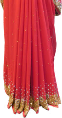 SMSAREE Red Designer Wedding Partywear Georgette Stone Thread Zari Beads & Cutdana Hand Embroidery Work Bridal Saree Sari With Blouse Piece F279