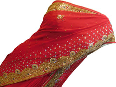 SMSAREE Red Designer Wedding Partywear Georgette Stone Thread Zari Beads & Cutdana Hand Embroidery Work Bridal Saree Sari With Blouse Piece F279