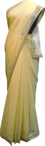 SMSAREE Beige Designer Wedding Partywear Georgette Stone Thread Beads & Cutdana Hand Embroidery Work Bridal Saree Sari With Blouse Piece F281