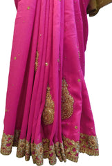 SMSAREE Pink & Golden Designer Wedding Partywear Silk (Vichitra) Stone Thread & Zari Hand Embroidery Work Bridal Saree Sari With Blouse Piece F283