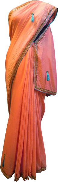 SMSAREE Orange Designer Wedding Partywear Georgette Stone Thread Beads & Cutdana Hand Embroidery Work Bridal Saree Sari With Blouse Piece F284