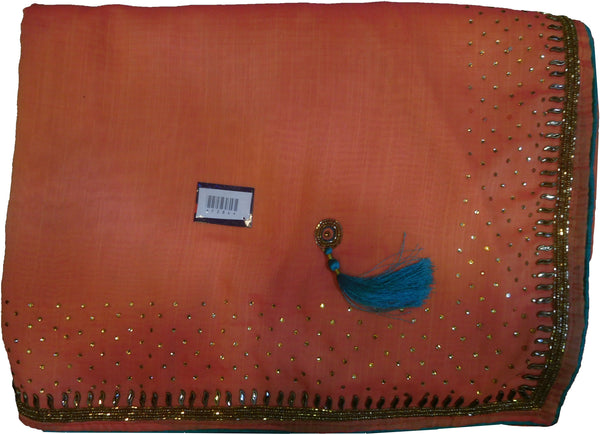 SMSAREE Orange Designer Wedding Partywear Georgette Stone Thread Beads & Cutdana Hand Embroidery Work Bridal Saree Sari With Blouse Piece F284